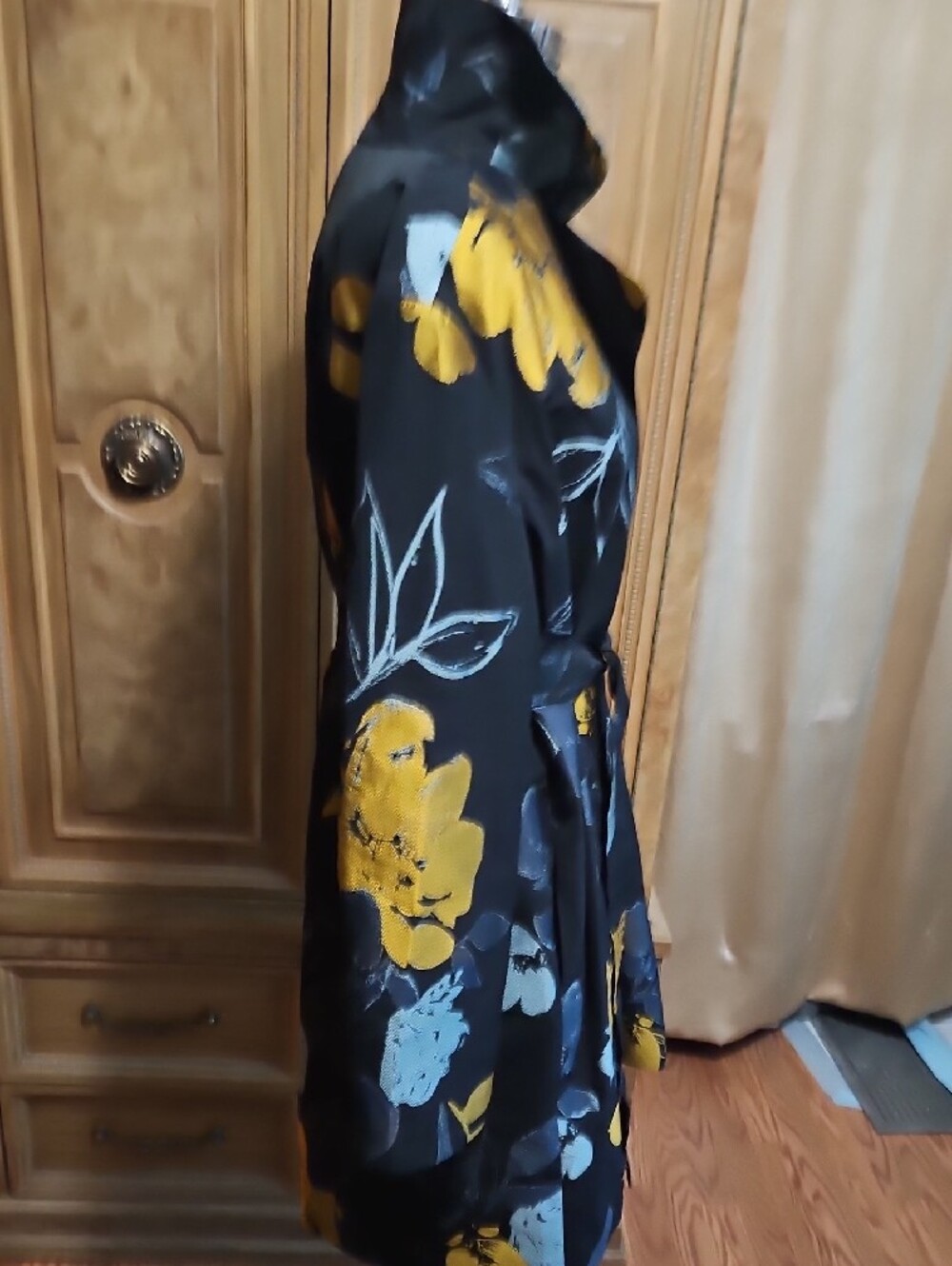 Chico's Stunning Black Trench Coat with Blue & Gold Floral Print - Picture 6 of 11